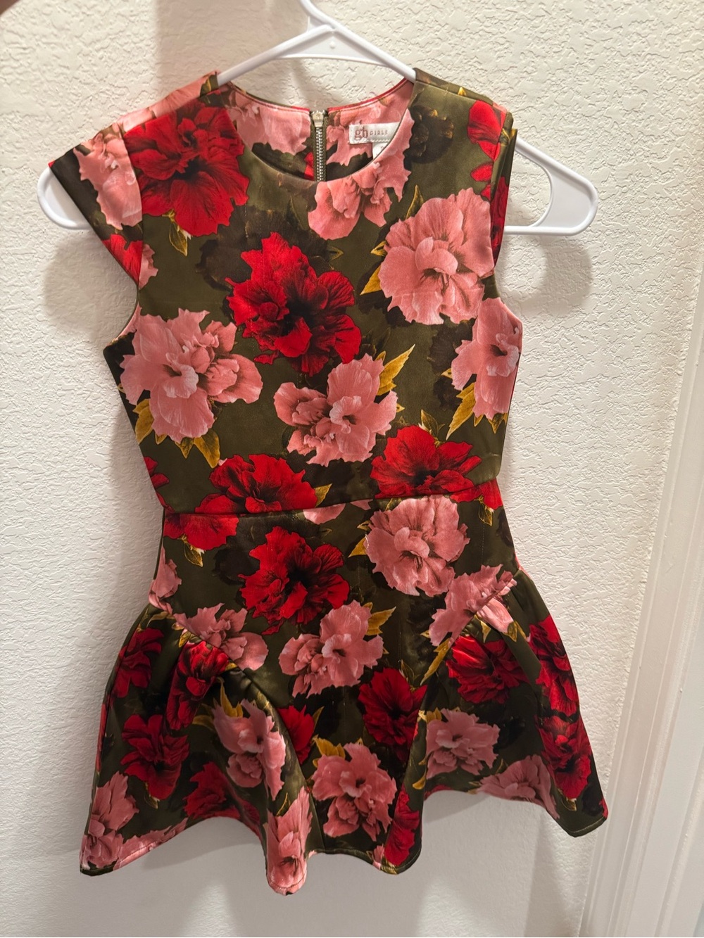 GB girls Olive Floral Fit & Flare Tunic with Pink and Red Blooms